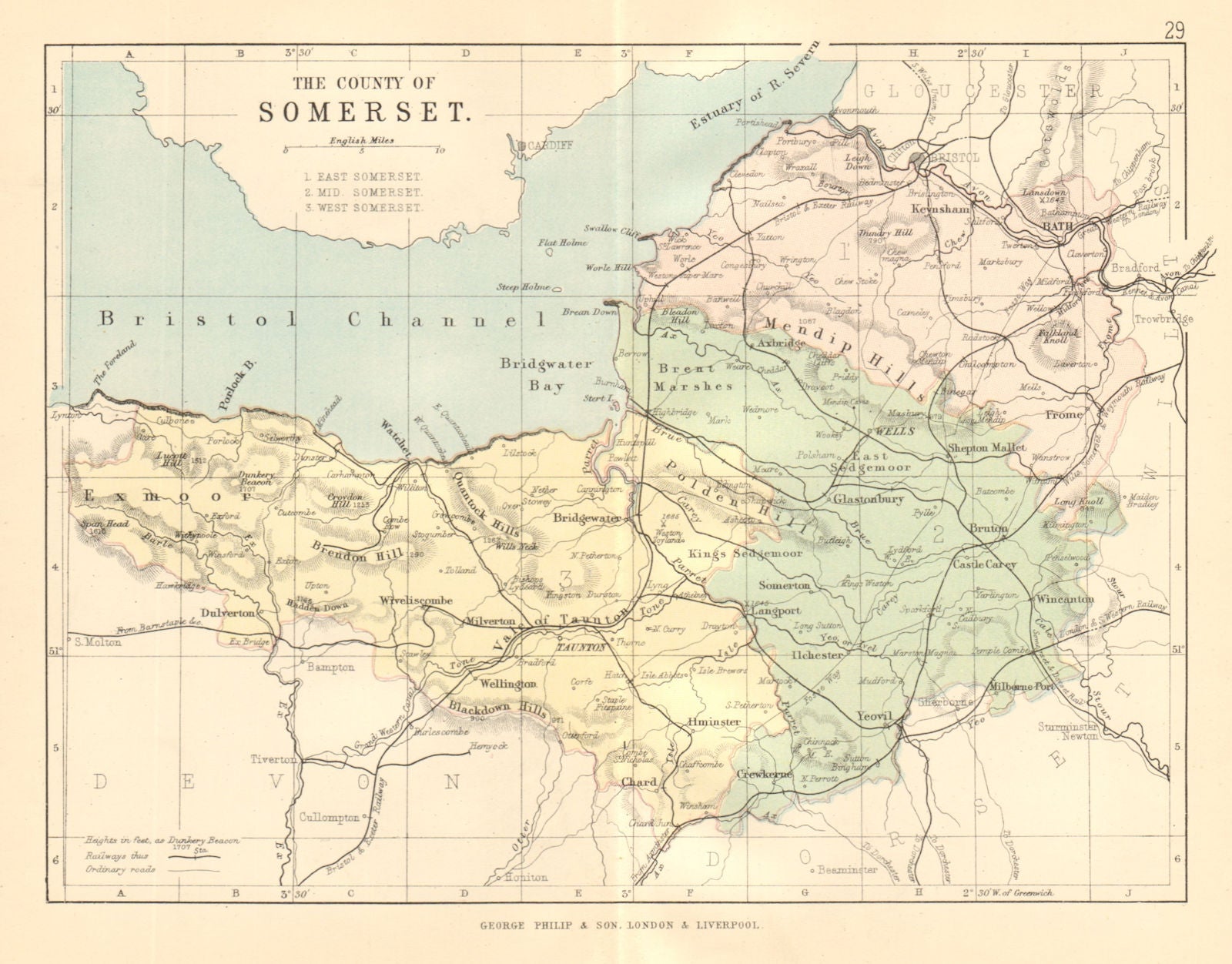SOMERSET. Antique county map. Railways. Constituencies. PHILIP 1884 old